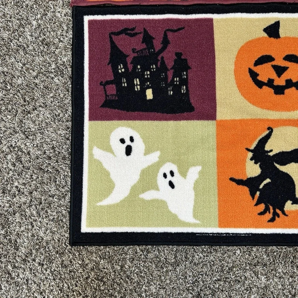 Lot of 2 Halloween Accent Rugs Doormats Pumpkins, Ghosts, Witch, Black Cat 45x26